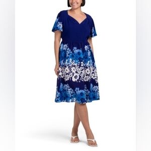 NWT- London Times Flutter Sleeve Cobalt/Navy Floral Print Tea Length Dress-Sz 14